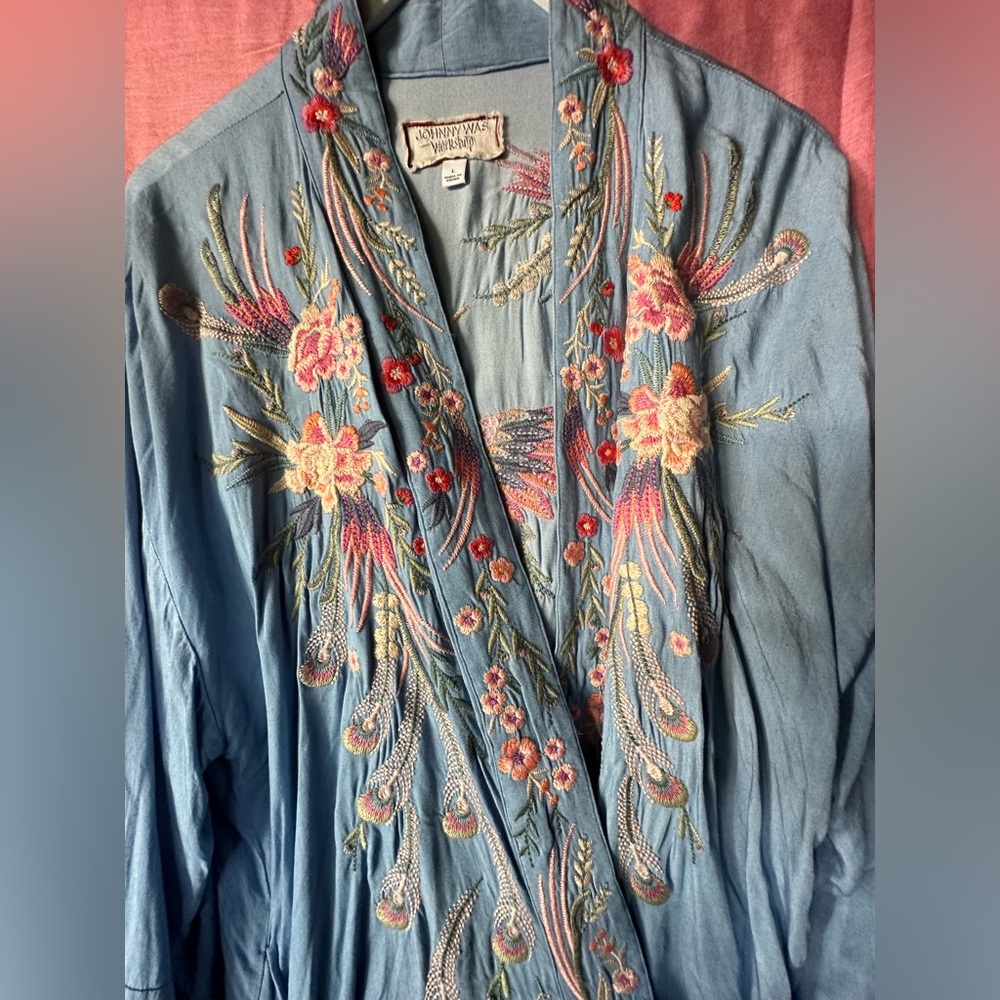 Johnny Was Blue Embroidered Crane Jacket with Pink Yellow Orange Accents - Picture 11 of 11